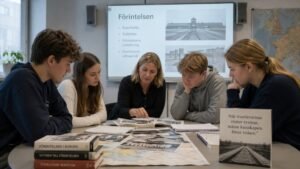 Undervisning om Förintelsen där elever lär sig om tyska koncentrationsläger, Auschwitz och Treblinka i det ockuperade Polen er4e